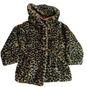 OshKosh B'gosh Girls Faux Fur Leopard Print‎ Hooded Coat Jacket Brown Size 6X